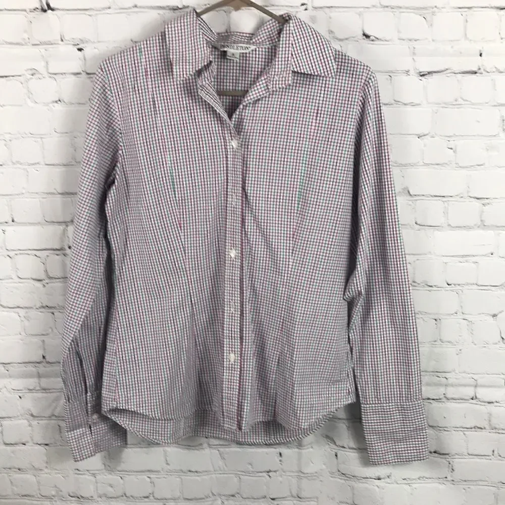 Pendleton Button Down Long Sleeve cotton Shirt Green blue pink white cuffs Sz 6